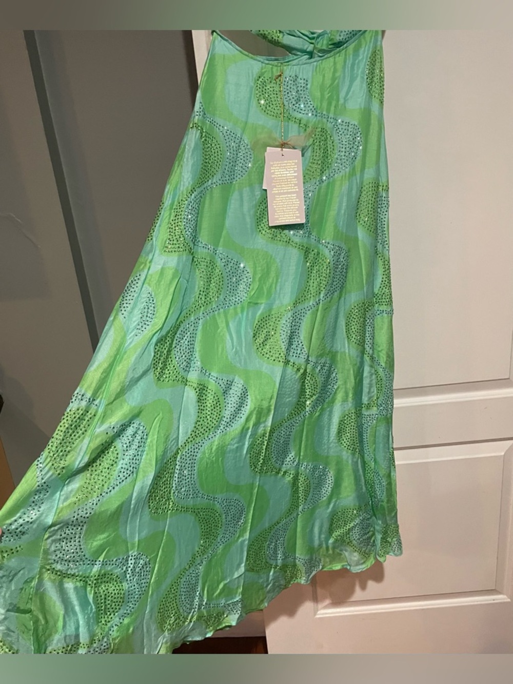 New! Sundress Revolve Shana Cutout Maxi Dress Amazonia Rhinestones Lime & Pool💚S - Picture 12 of 16